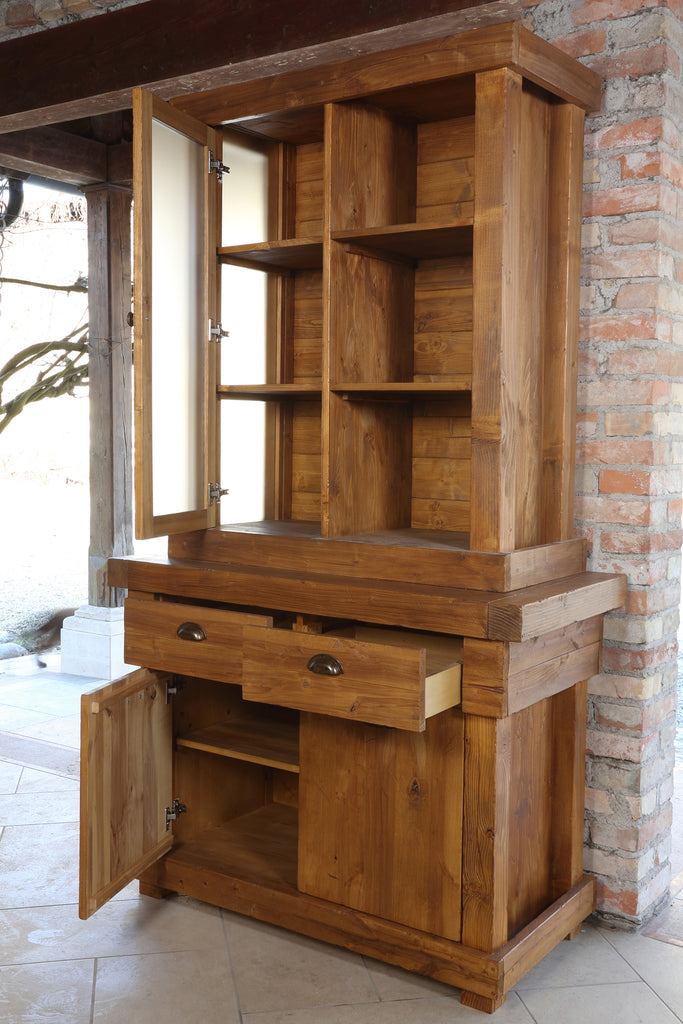 Mobile Credenza Vetrina stile RUSTICO / COUNTRY FATTORIA legno massello due ante due cassetti 120x40xh220 cm