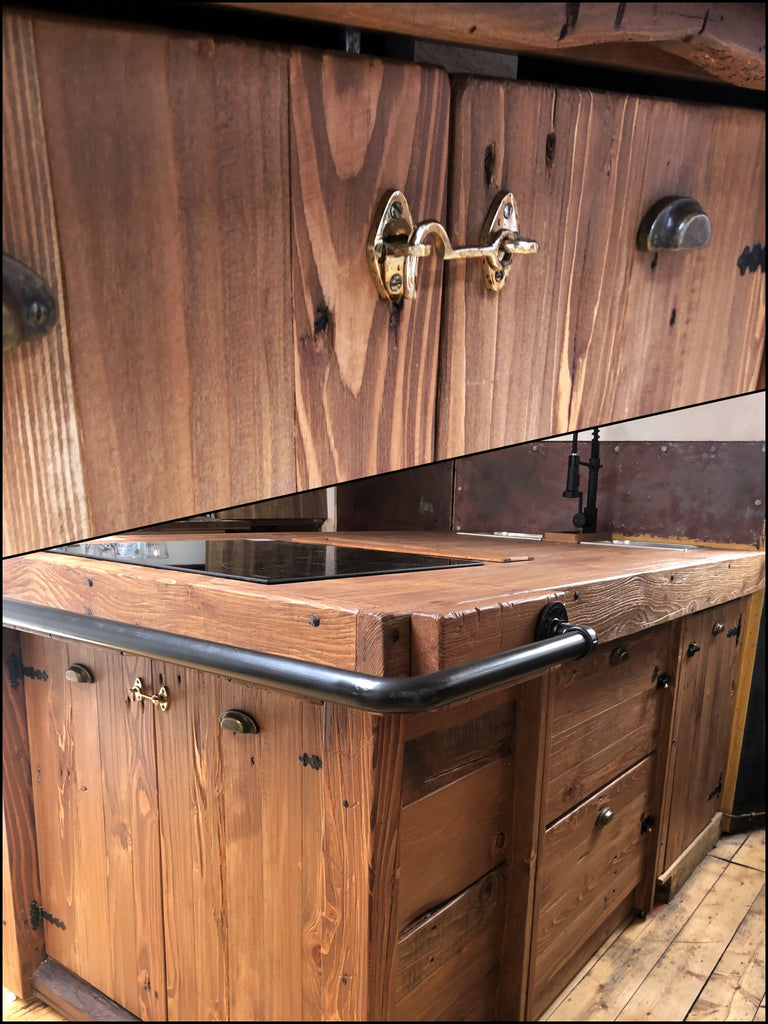 Kitchen island with INDUSTRIAL style BAR counter in solid wood, provision for appliances, optional stool 200x100xh100 cm