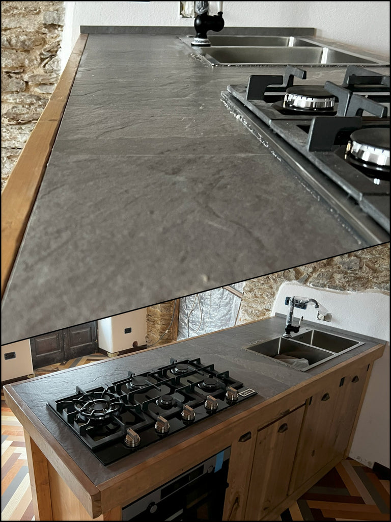 Isola Cucina CUNEO in stile INDUSTRIAL legno massello e TOP in pietra naturale predisposizione elettrodomestici e pensile opzionale misure 230x90xh100cm