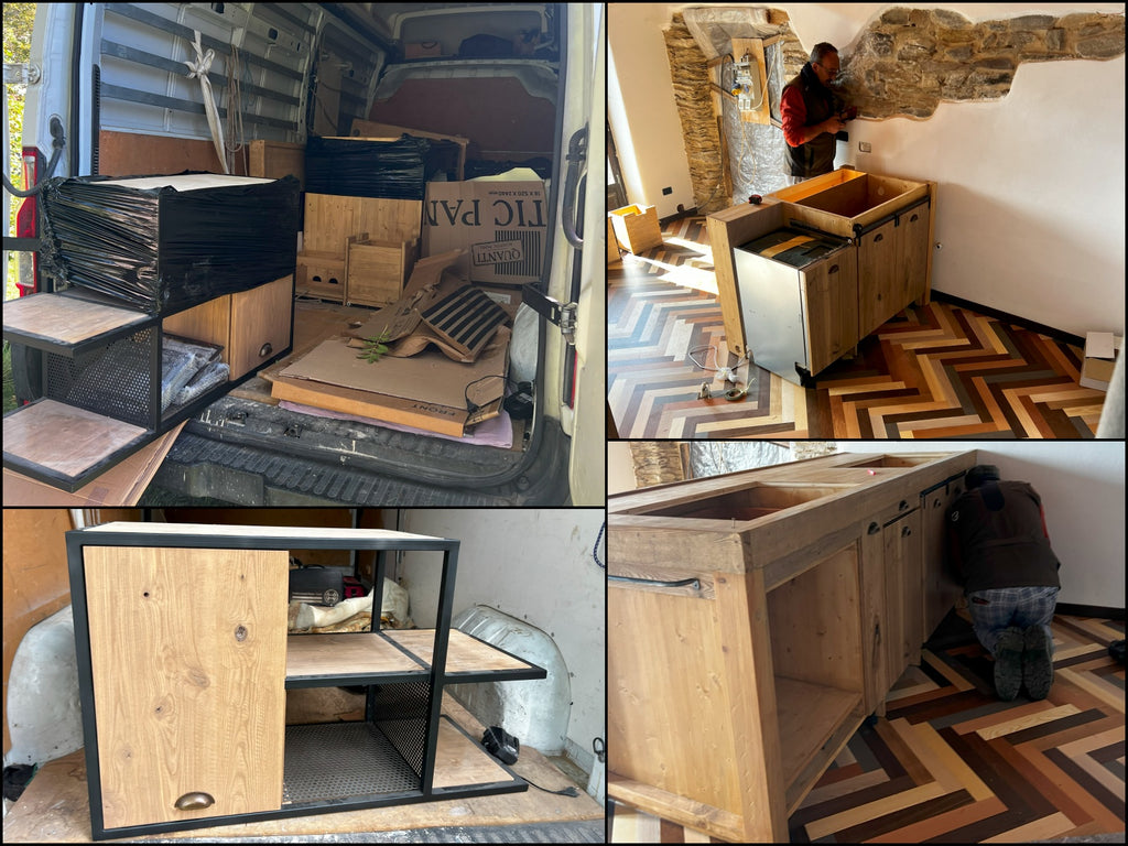 Isola Cucina CUNEO in stile INDUSTRIAL legno massello e TOP in pietra naturale predisposizione elettrodomestici e pensile opzionale misure 230x90xh100cm