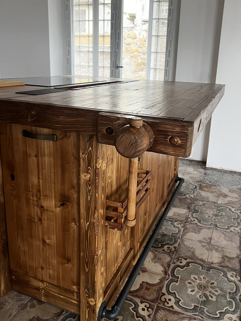 Kitchen + island MUNSTER INDUSTRIAL style 300x65xh90cm + 240x120xH100cm in solid wood and CUSTOM