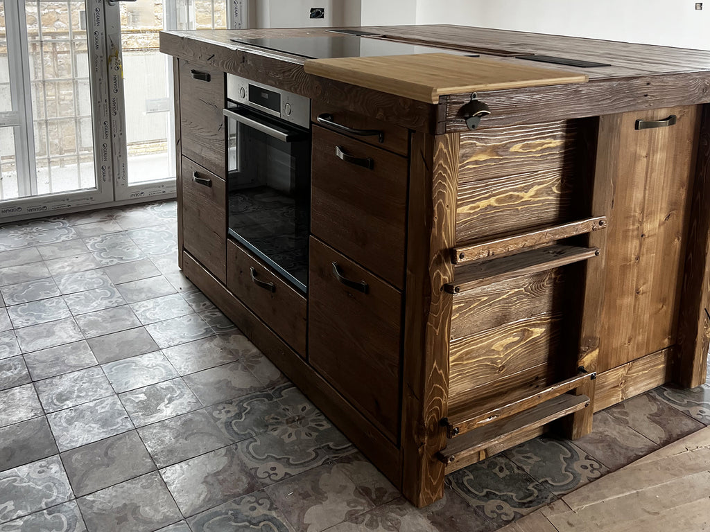 Kitchen + island MUNSTER INDUSTRIAL style 300x65xh90cm + 240x120xH100cm in solid wood and CUSTOM