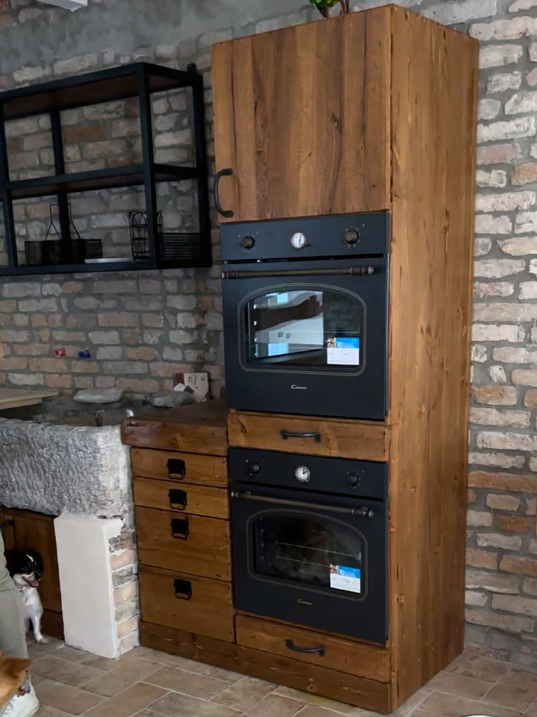 Cucina lineare base+colonna+sotto-lavabo+scolapiatti e Isola con piano ribalta e cappa a soffitto 120+30x100xH100 cm mod. GIULIA stile INDUSTRIAL / RUSTICO VISSUTO in legno massello