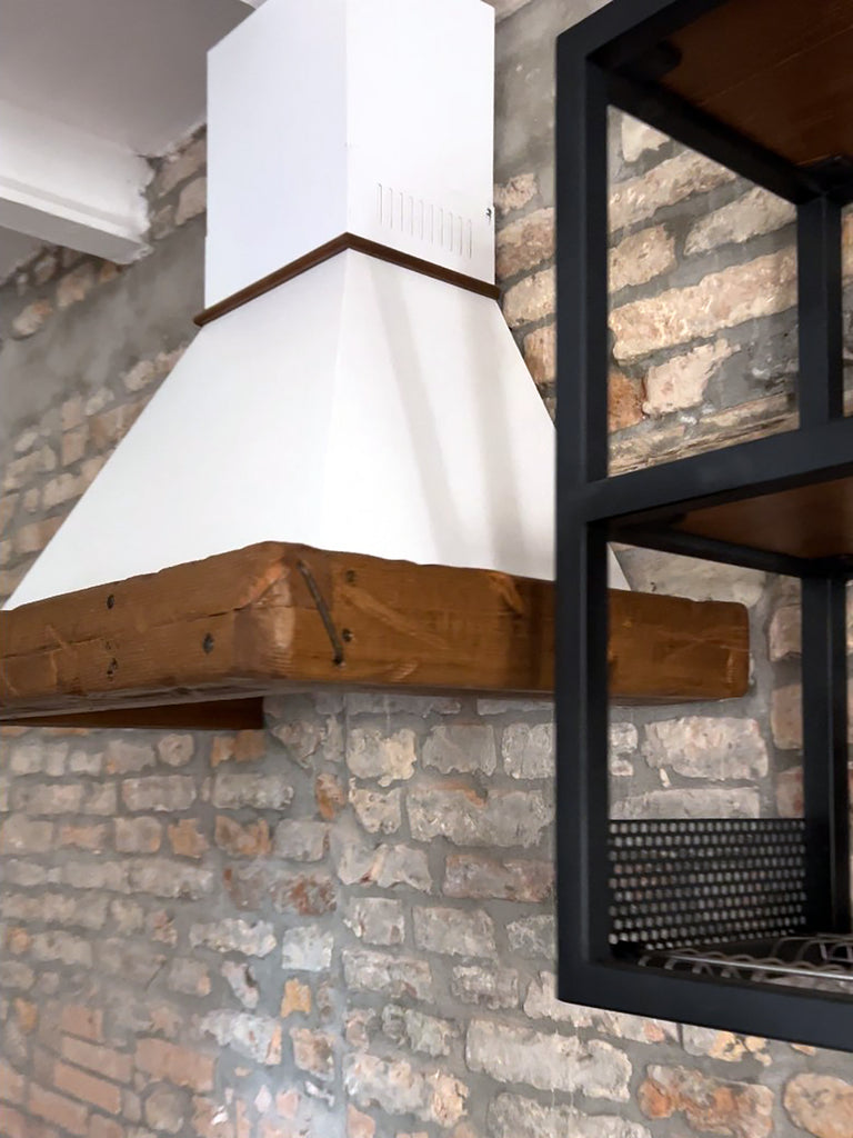 Cucina lineare base+colonna+sotto-lavabo+scolapiatti e Isola con piano ribalta e cappa a soffitto 120+30x100xH100 cm mod. GIULIA stile INDUSTRIAL / RUSTICO VISSUTO in legno massello
