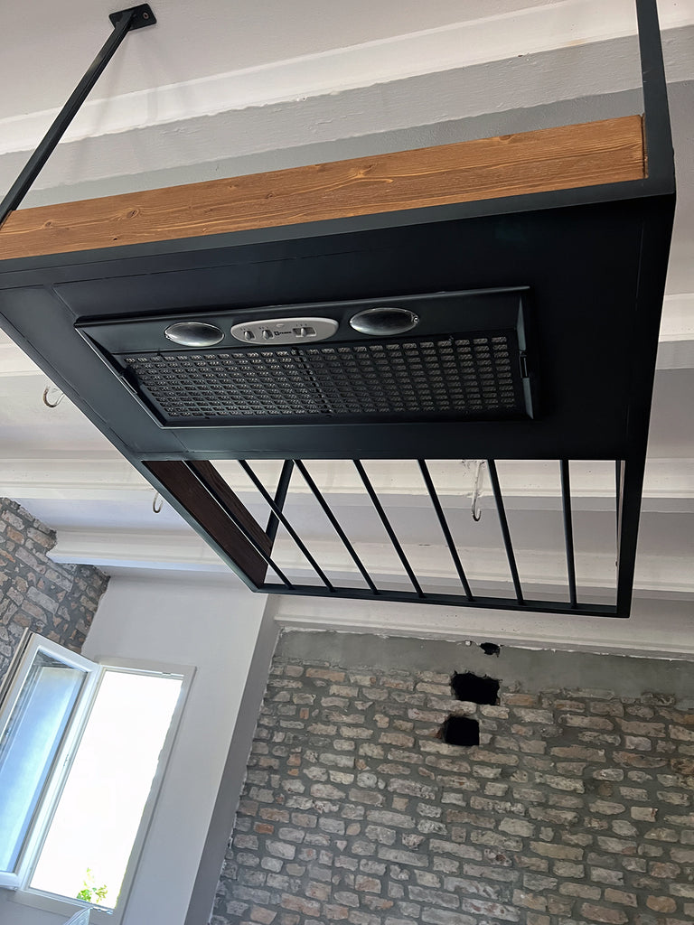 Cucina lineare base+colonna+sotto-lavabo+scolapiatti e Isola con piano ribalta e cappa a soffitto 120+30x100xH100 cm mod. GIULIA stile INDUSTRIAL / RUSTICO VISSUTO in legno massello