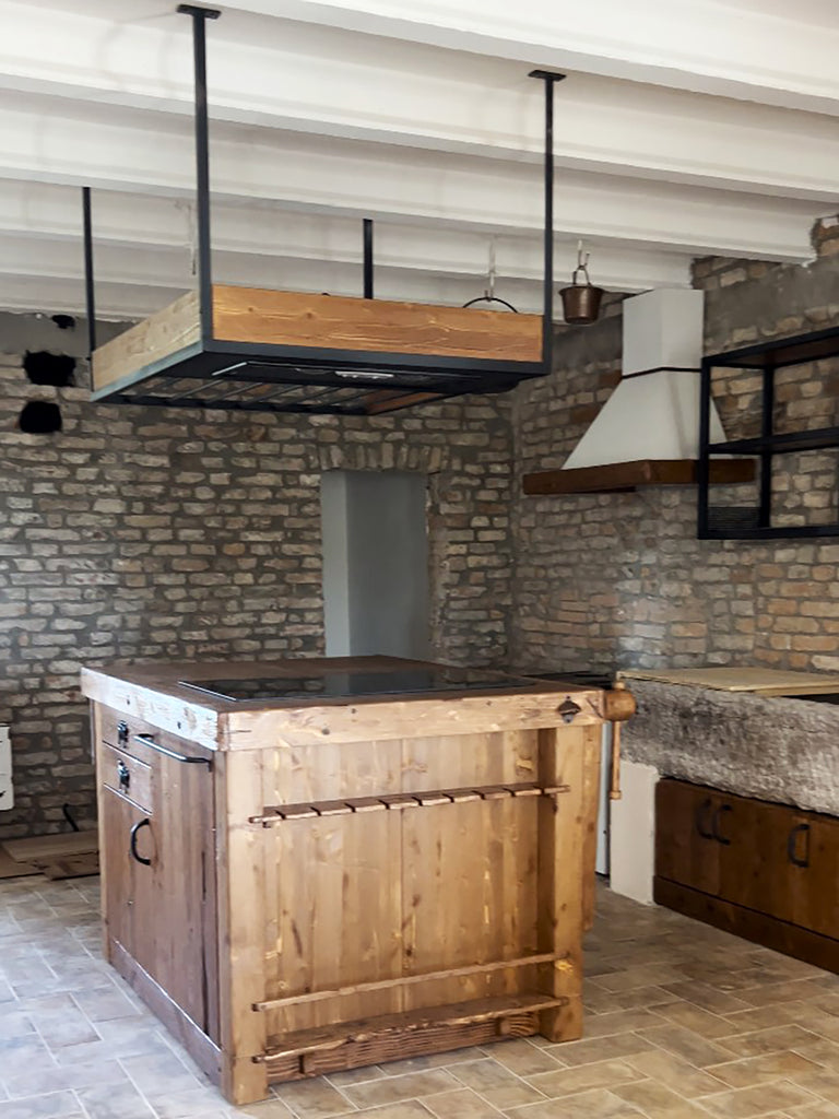 Cucina lineare base+colonna+sotto-lavabo+scolapiatti e Isola con piano ribalta e cappa a soffitto 120+30x100xH100 cm mod. GIULIA stile INDUSTRIAL / RUSTICO VISSUTO in legno massello