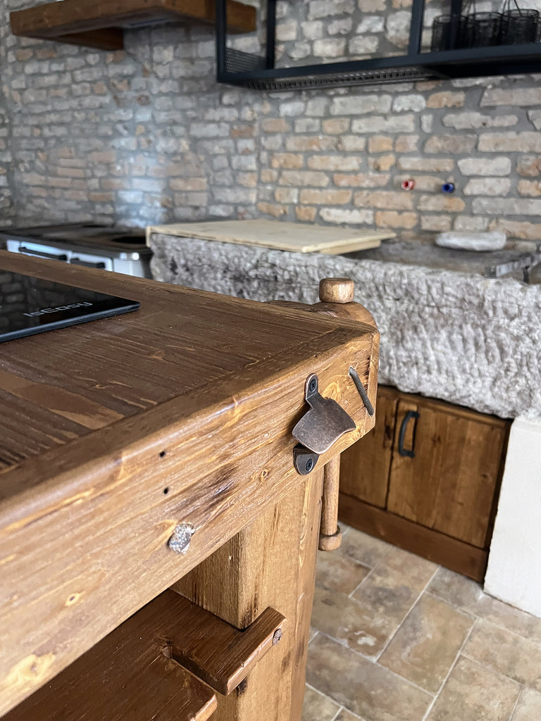 Cucina lineare base+colonna+sotto-lavabo+scolapiatti e Isola con piano ribalta e cappa a soffitto 120+30x100xH100 cm mod. GIULIA stile INDUSTRIAL / RUSTICO VISSUTO in legno massello