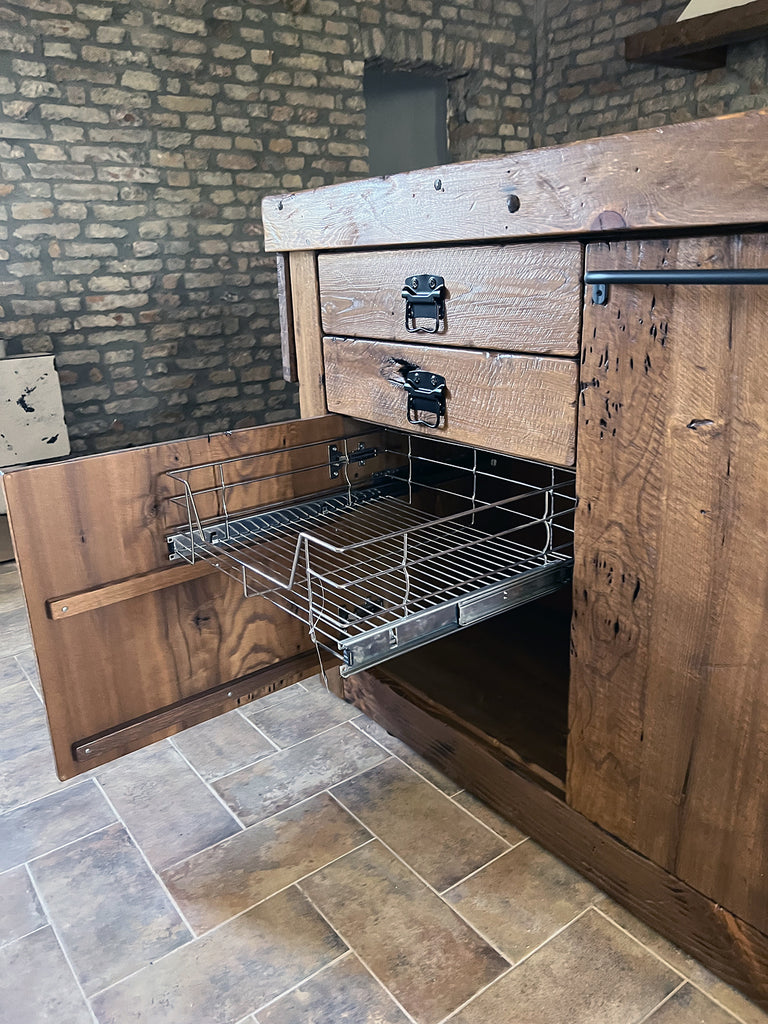 Cucina lineare base+colonna+sotto-lavabo+scolapiatti e Isola con piano ribalta e cappa a soffitto 120+30x100xH100 cm mod. GIULIA stile INDUSTRIAL / RUSTICO VISSUTO in legno massello