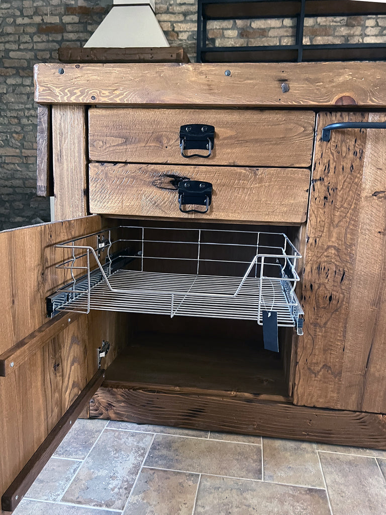 Cucina lineare base+colonna+sotto-lavabo+scolapiatti e Isola con piano ribalta e cappa a soffitto 120+30x100xH100 cm mod. GIULIA stile INDUSTRIAL / RUSTICO VISSUTO in legno massello