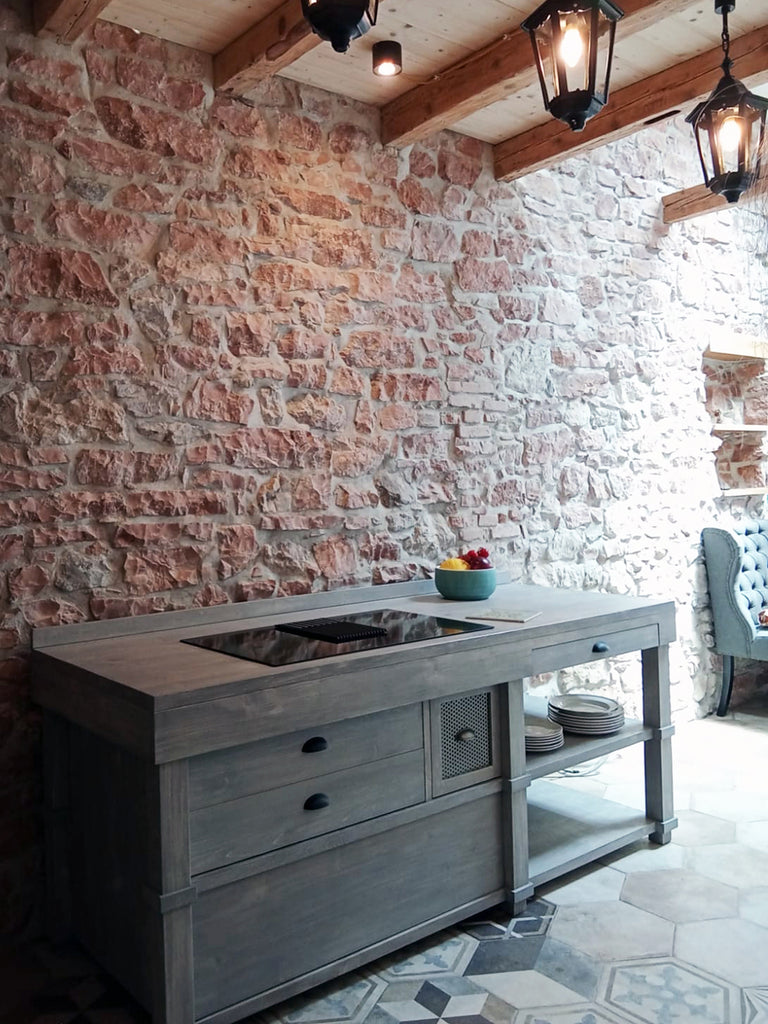 CARLENE kitchen or island in PROVENCAL style in solid wood with extractable side top, dimensions 210x80xh88cm
