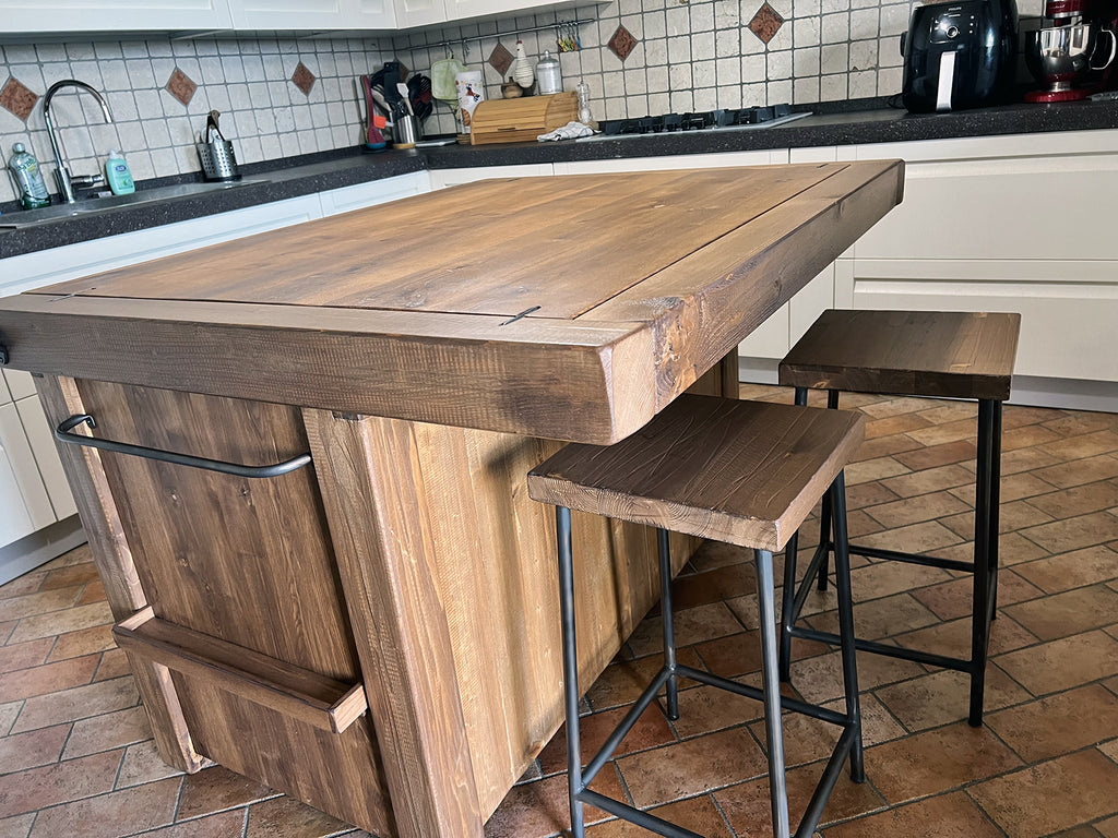 Kitchen island with INDUSTRIAL style BAR counter in solid wood, provision for appliances, optional stool 200x100xh100 cm