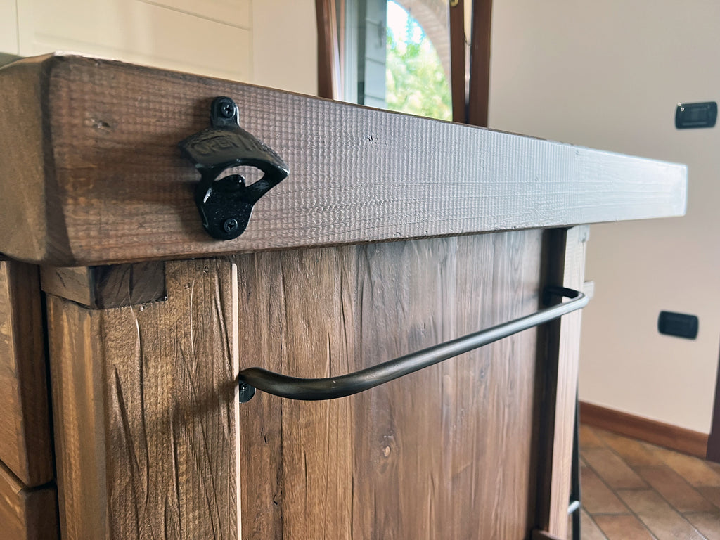 Kitchen island with INDUSTRIAL style BAR counter in solid wood, provision for appliances, optional stool 200x100xh100 cm