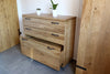 Bridge bedroom with wall mounted headboard shelves + chest of drawers and wardrobe model TOKIO COUNTRY style in solid ash wood, personalized and MADE TO MEASURE