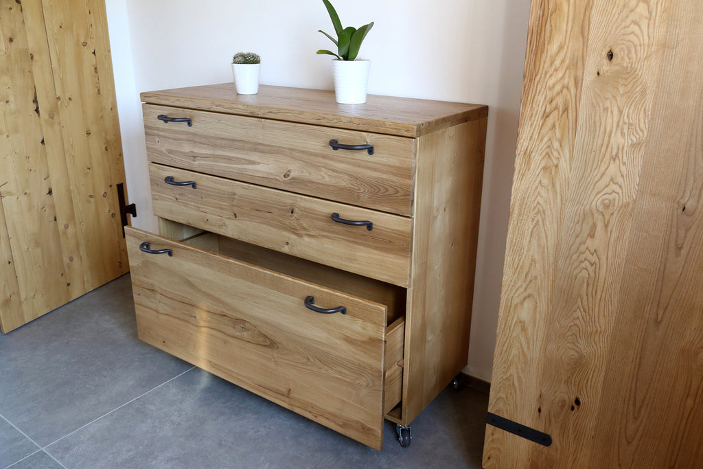 Bridge bedroom with wall mounted headboard shelves + chest of drawers and wardrobe model TOKIO COUNTRY style in solid ash wood, personalized and MADE TO MEASURE