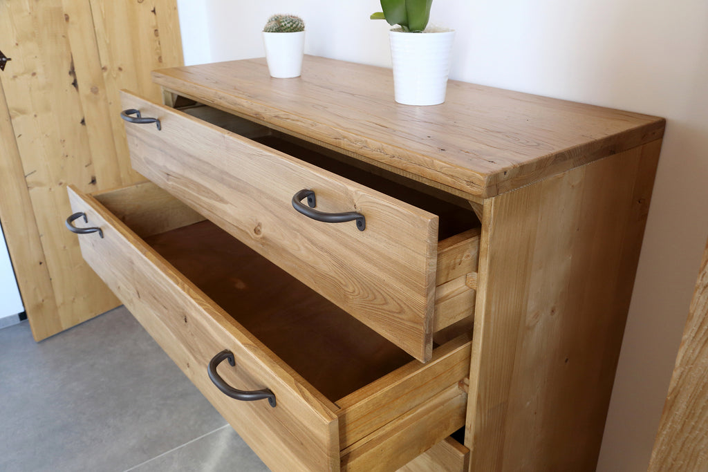 Bridge bedroom with wall mounted headboard shelves + chest of drawers and wardrobe model TOKIO COUNTRY style in solid ash wood, personalized and MADE TO MEASURE