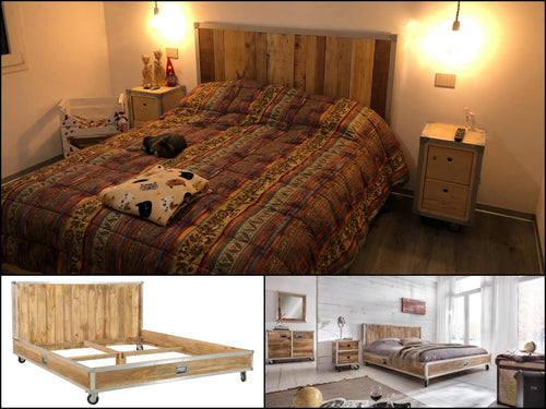 Letto stile INDUSTRIAL a due piazze Testiera + giroletto + comodini su ruote piroettanti tutto legno massello e profili in alluminio 200x180xh35 cm