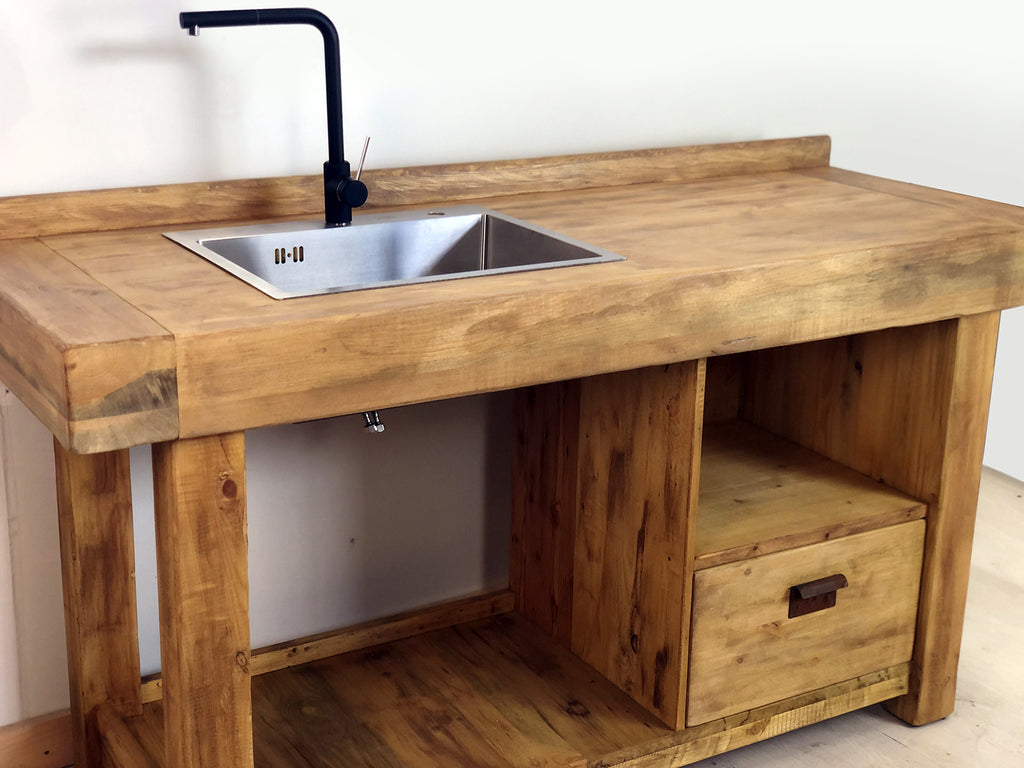 Mini Cucina stile COUNTRY / INDUSTRIAL in legno massello con lavello e miscelatore inclusi 180x70xh85 cm