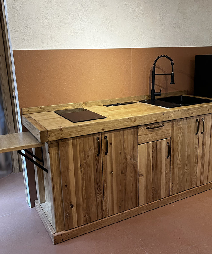 Mini Cucina in stile RUSTICO mod. VENETO con tavolo a ribalta piano cottura lavello e miscelatore inclusi 200+60x65xh90cm tutto legno massello