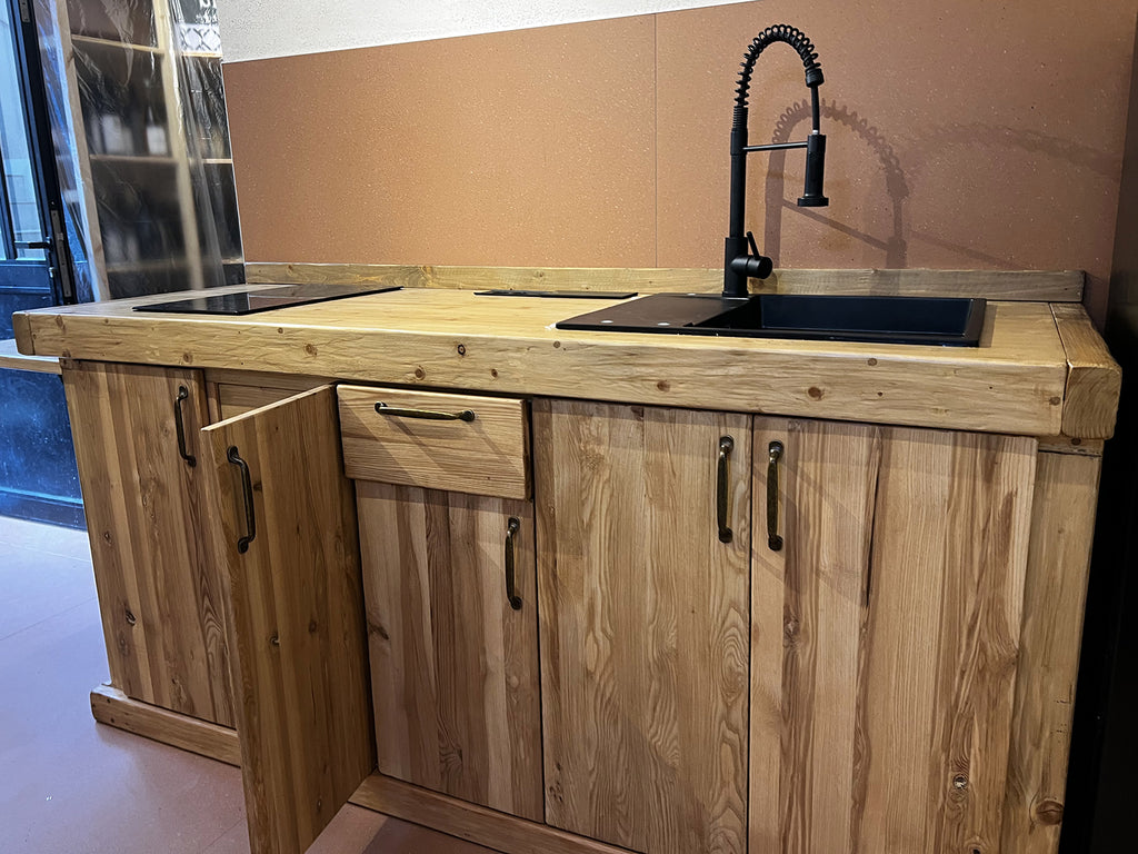 Mini Cucina in stile RUSTICO mod. VENETO con tavolo a ribalta piano cottura lavello e miscelatore inclusi 200+60x65xh90cm tutto legno massello