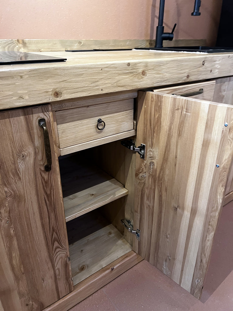 Mini Cucina in stile RUSTICO mod. VENETO con tavolo a ribalta piano cottura lavello e miscelatore inclusi 200+60x65xh90cm tutto legno massello