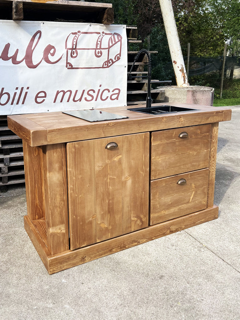 Mini Cucina stile COUNTRY 160x65xh92 cm predisposizione elettrodomestici e vetrina 120x35-30xh220cm OPZIONALE in legno massello SU MISURA