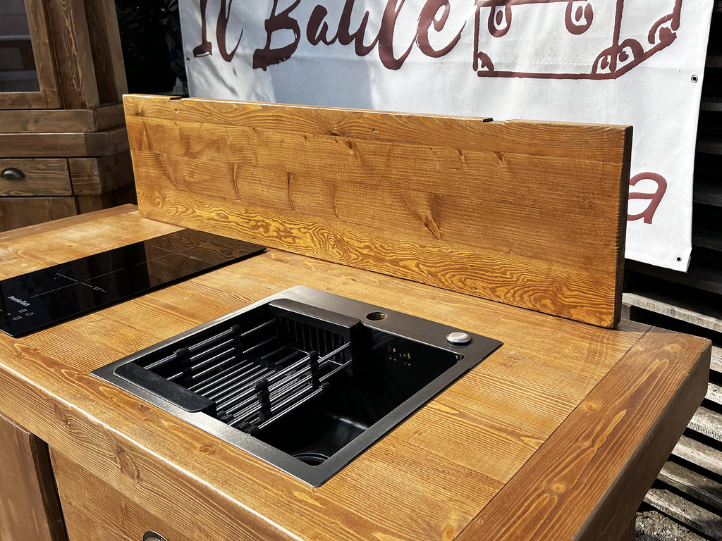 Mini Cucina stile COUNTRY 160x65xh92 cm predisposizione elettrodomestici e vetrina 120x35-30xh220cm OPZIONALE in legno massello SU MISURA