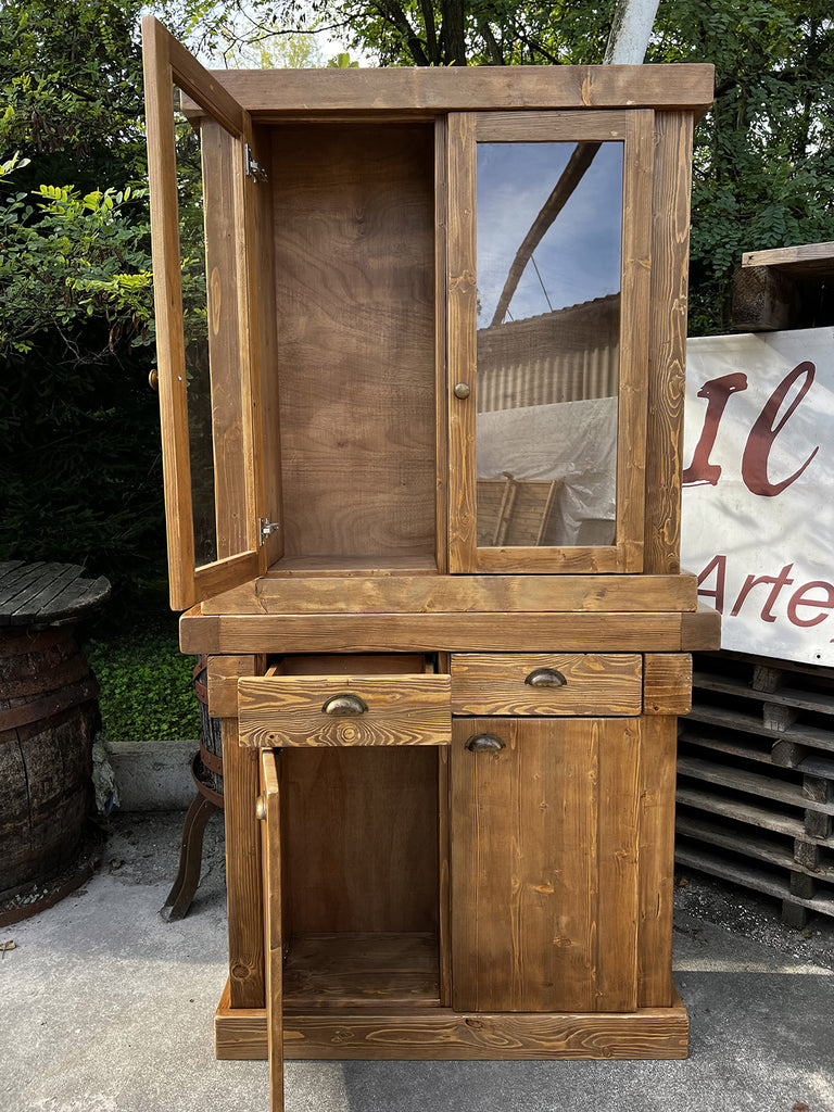 Mini Cucina stile COUNTRY 160x65xh92 cm predisposizione elettrodomestici e vetrina 120x35-30xh220cm OPZIONALE in legno massello SU MISURA