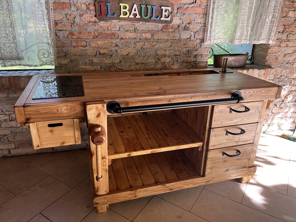 Mini cucina accessoriata modello MARVIN stile INDUSTRIAL in legno massello + alzatina + mensola misure 180x60xh90cm