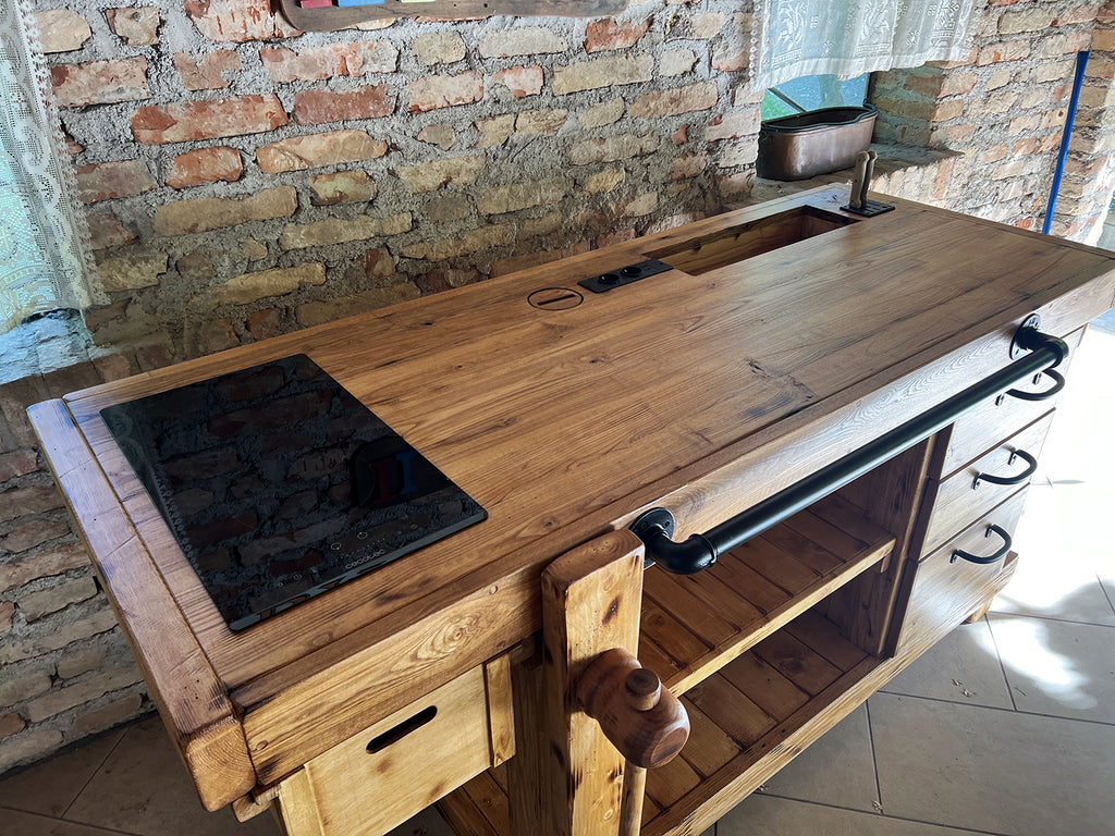 Mini cucina accessoriata modello MARVIN stile INDUSTRIAL in legno massello + alzatina + mensola misure 180x60xh90cm