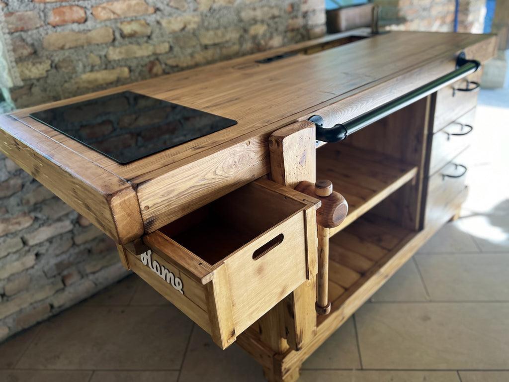 Mini cucina accessoriata modello MARVIN stile INDUSTRIAL in legno massello + alzatina + mensola misure 180x60xh90cm
