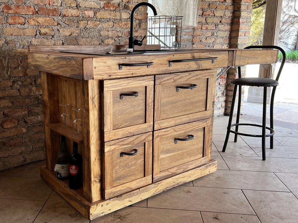 Mini Cucina modello MARIE stile COUNTRY / INDUSTRIAL in legno massello con tavolo a ribalta completa di lavello miscelatore piano cottura inclusi 120+60x70xh90 cm