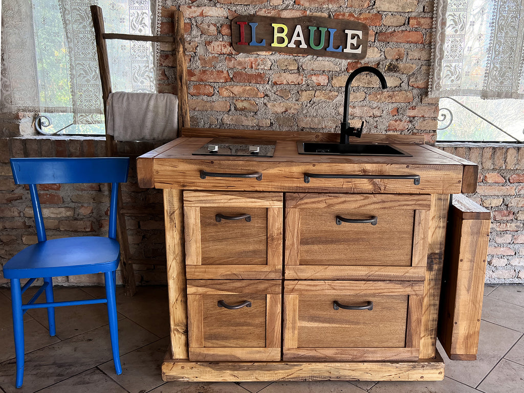 Mini Cucina modello MARIE stile COUNTRY / INDUSTRIAL in legno massello con tavolo a ribalta completa di lavello miscelatore piano cottura inclusi 120+60x70xh90 cm