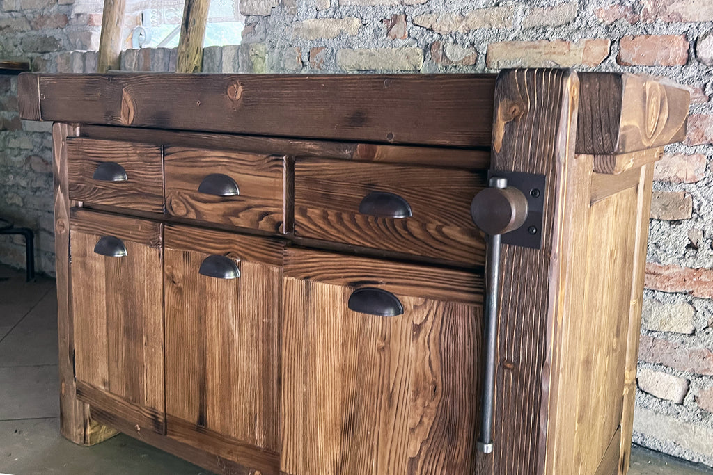 Mobile bagno stile INDUSTRIAL mod. Valentina in legno massello + Lavabo in pietra e rubinetto specchio e porta rotolo opzionali misure 110x60xh72+15cm