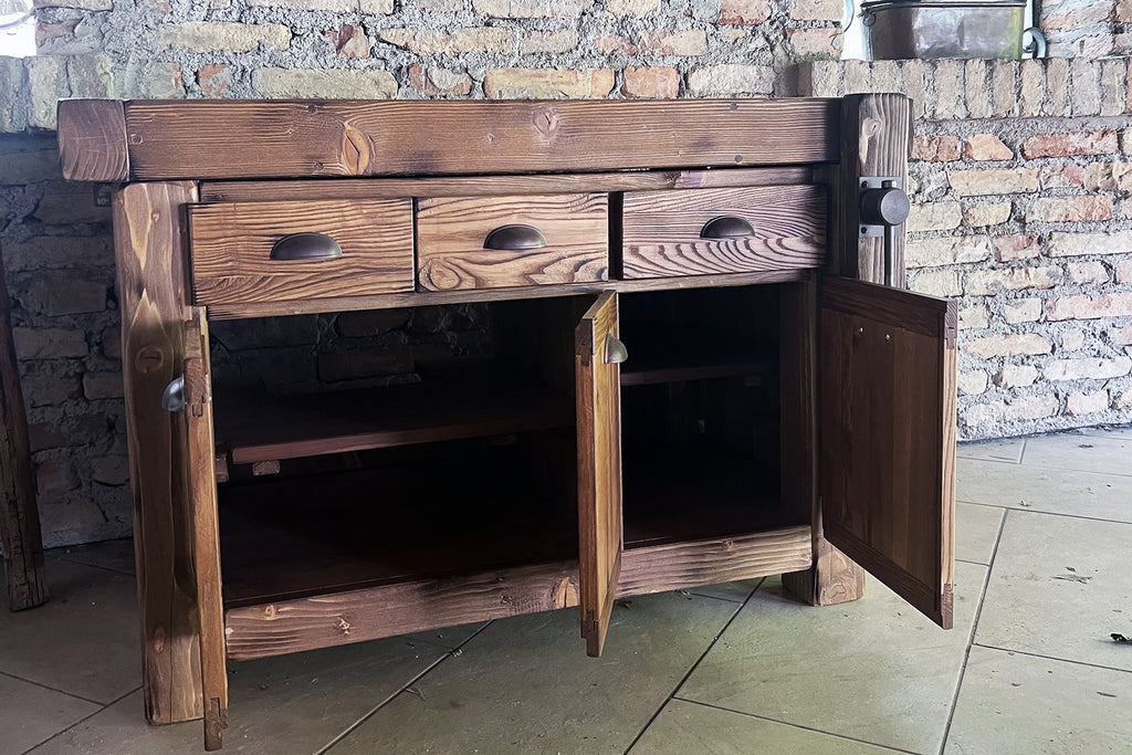 Mobile bagno stile INDUSTRIAL mod. Valentina in legno massello + Lavabo in pietra e rubinetto specchio e porta rotolo opzionali misure 110x60xh72+15cm