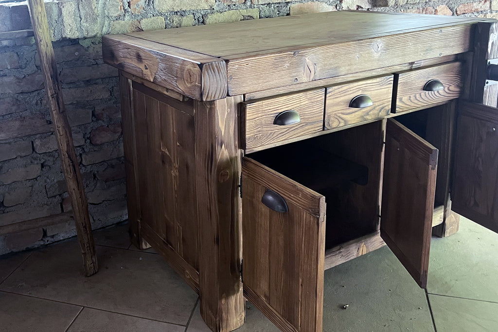 Mobile bagno stile INDUSTRIAL mod. Valentina in legno massello + Lavabo in pietra e rubinetto specchio e porta rotolo opzionali misure 110x60xh72+15cm