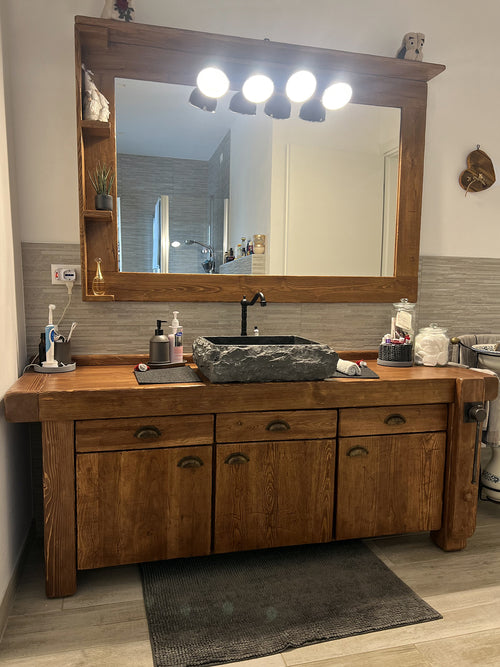 Bathroom cabinet INDUSTRIAL style mod. Valentina in solid wood + Stone sink and tap mirror and optional toilet roll holder dimensions 110x60xh72+15cm