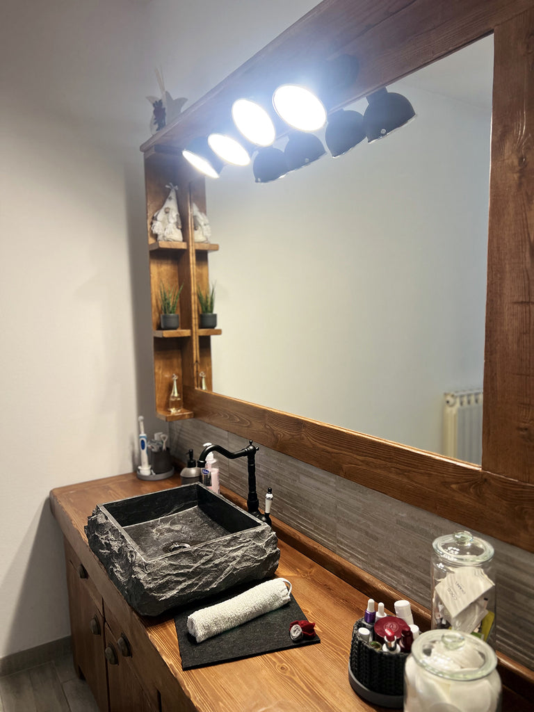 Mobile arredo Bagno con lavabo in pietra rubinetto specchiera mod. SILVIA stile BANCO FALEGNAME 180x50xh72cm legno massello LUCI OPZIONALI