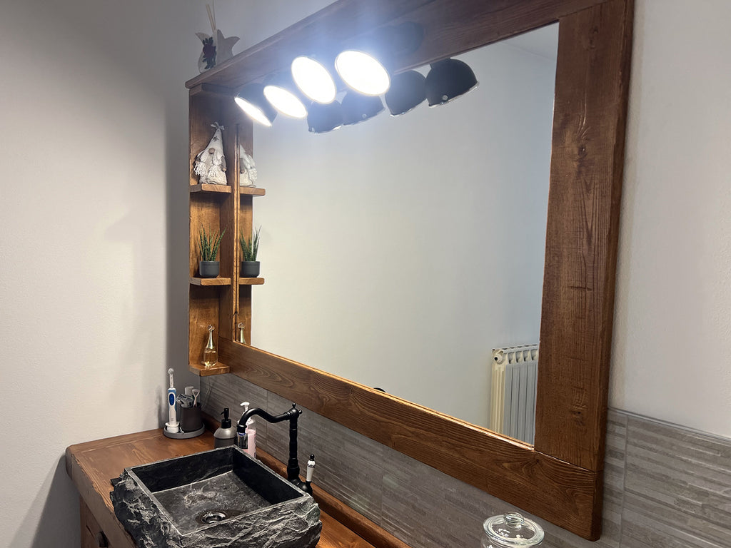 Mobile arredo Bagno con lavabo in pietra rubinetto specchiera mod. SILVIA stile BANCO FALEGNAME 180x50xh72cm legno massello LUCI OPZIONALI