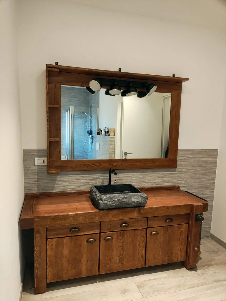 Mobile arredo Bagno con lavabo in pietra rubinetto specchiera mod. SILVIA stile BANCO FALEGNAME 180x50xh72cm legno massello LUCI OPZIONALI