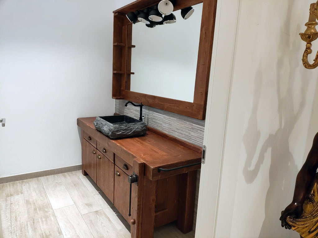 Mobile arredo Bagno con lavabo in pietra rubinetto specchiera mod. SILVIA stile BANCO FALEGNAME 180x50xh72cm legno massello LUCI OPZIONALI