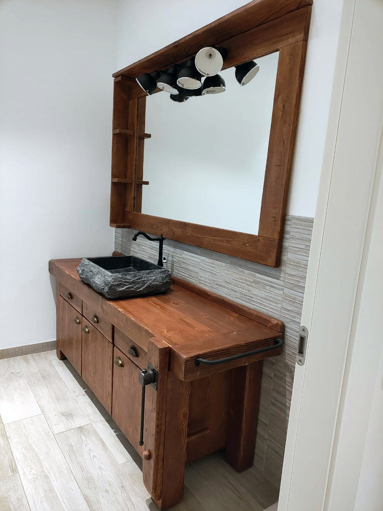 Mobile arredo Bagno con lavabo in pietra rubinetto specchiera mod. SILVIA stile BANCO FALEGNAME 180x50xh72cm legno massello LUCI OPZIONALI