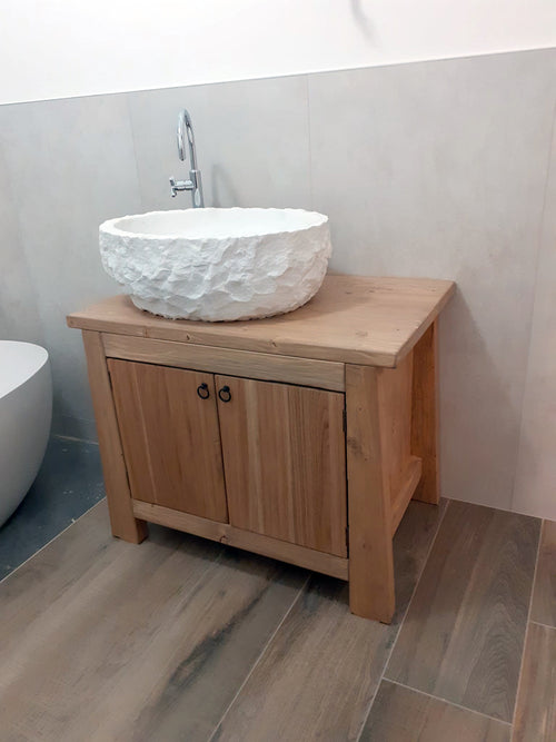 Mobile bagno di DESIGN Obliquo in legno massello Lavabo ovale in pietra bianca OPZIONALE misure 80x50xh70+20cm