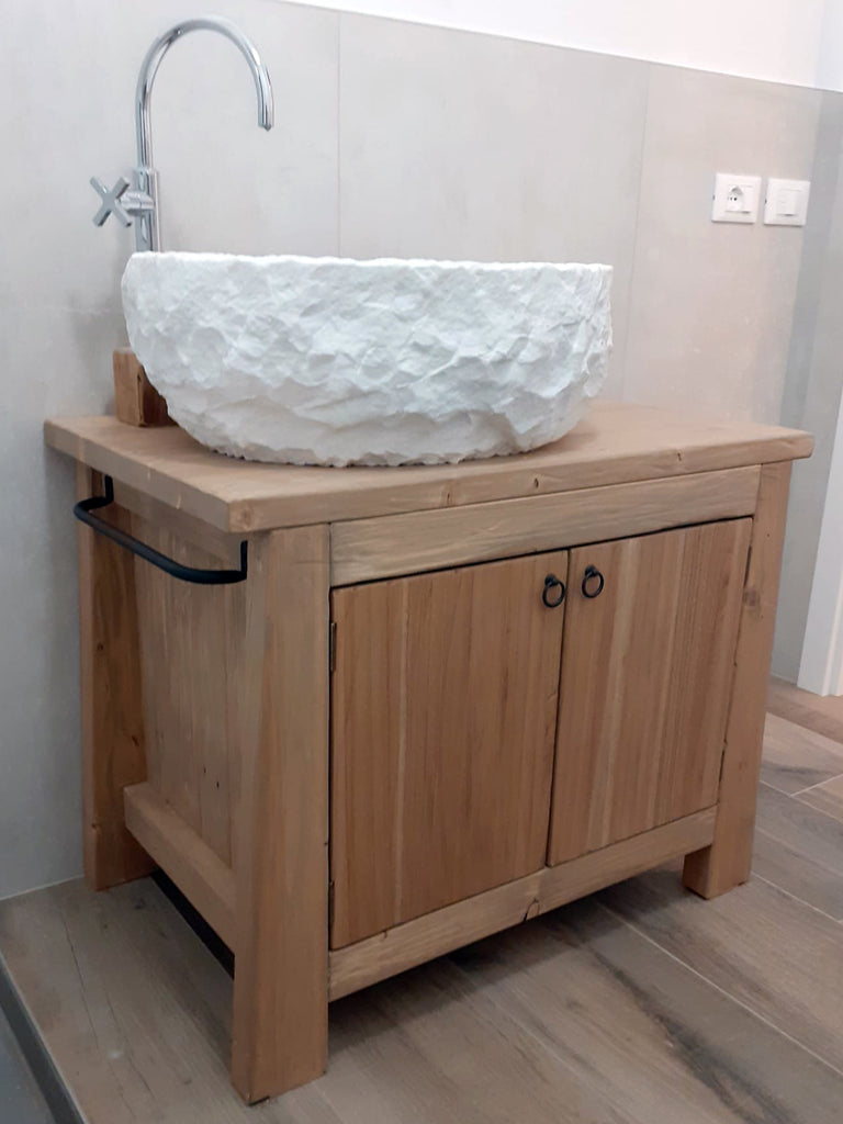 Mobile bagno di DESIGN Obliquo in legno massello Lavabo ovale in pietra bianca OPZIONALE misure 80x50xh70+20cm