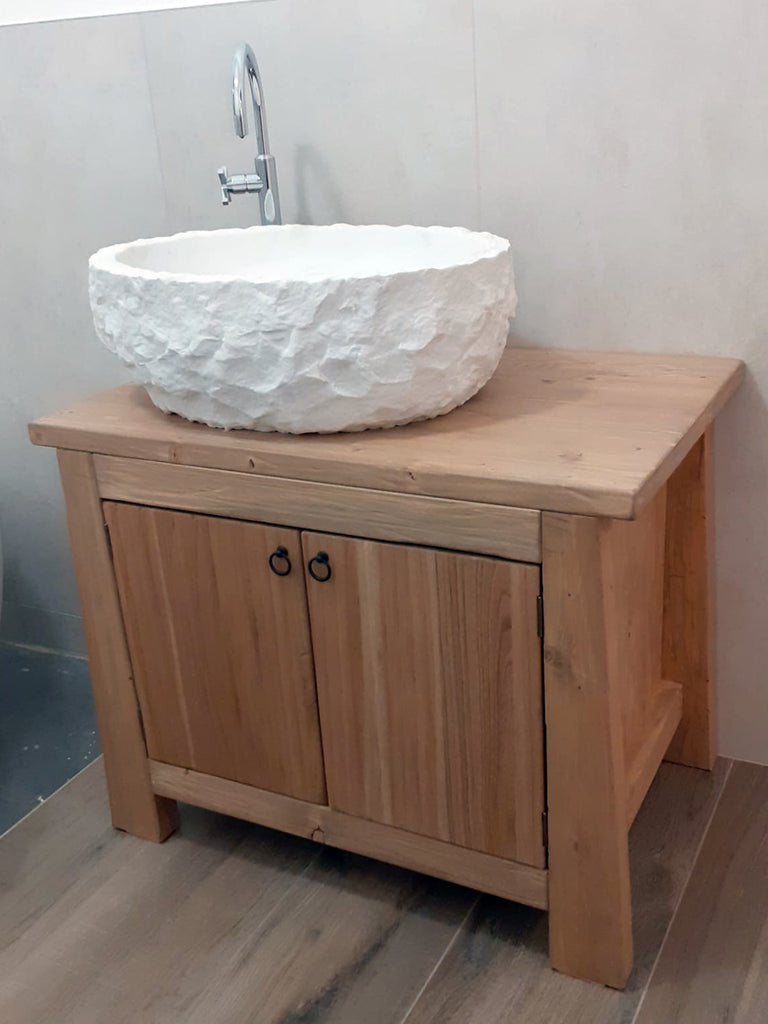 Mobile bagno di DESIGN Obliquo in legno massello Lavabo ovale in pietra bianca OPZIONALE misure 80x50xh70+20cm