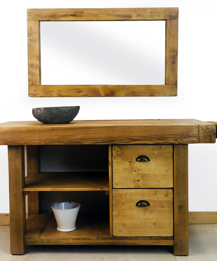 Banco stile Falegname per arredo bagno legno massello finitura naturale specchio e lavabo opzionali 160x63h86cm SU MISURA
