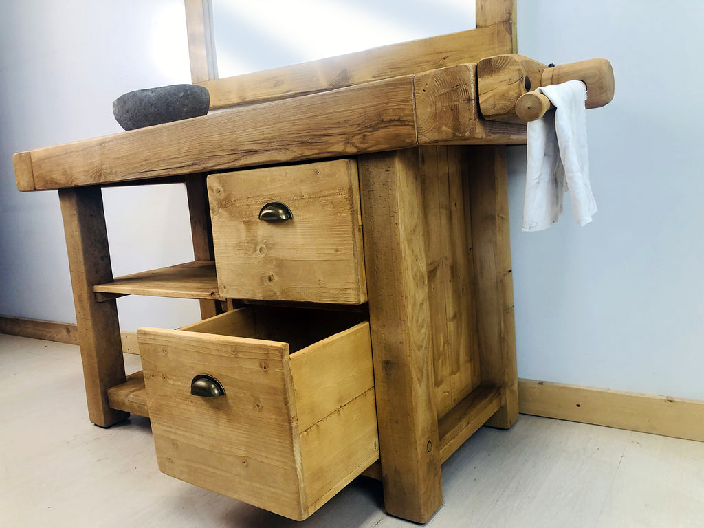Banco stile Falegname per arredo bagno legno massello finitura naturale specchio e lavabo opzionali 160x63h86cm SU MISURA