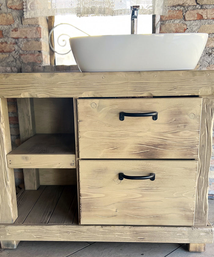 Mobile bagno stile Banco da Falegname GRIGIO SHABBY in legno massello + Lavabo e rubinetto misure 120x55xh80+15cm