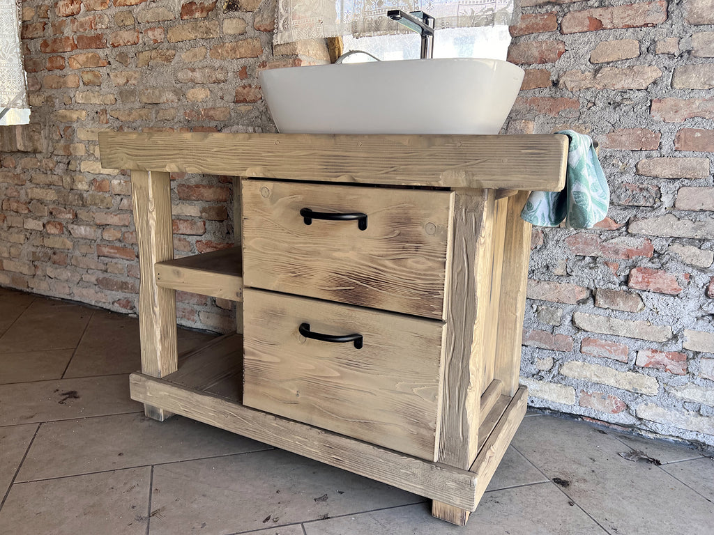 Mobile bagno stile Banco da Falegname GRIGIO SHABBY in legno massello + Lavabo e rubinetto misure 120x55xh80+15cm