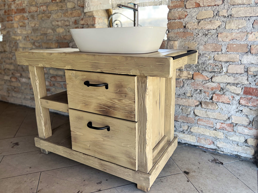 Mobile bagno stile Banco da Falegname GRIGIO SHABBY in legno massello + Lavabo e rubinetto misure 120x55xh80+15cm