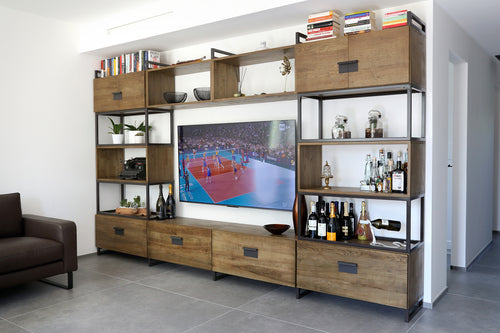 Living room furniture bookcase TV stand TOKIO line INDUSTRIAL style iron structure solid ash doors 320x40xh230cm CUSTOM MADE
